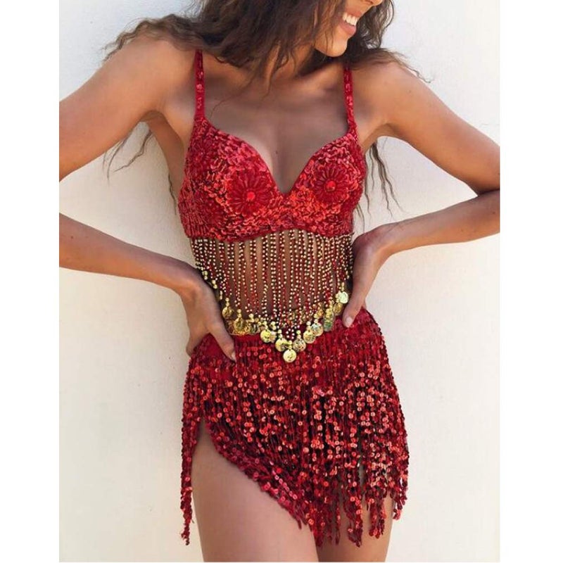 Fenyong Women's Sequin Tassel Skirts Sparkly Rave Fringe Hip Scarf for Festival Costume(Red) - Image 3